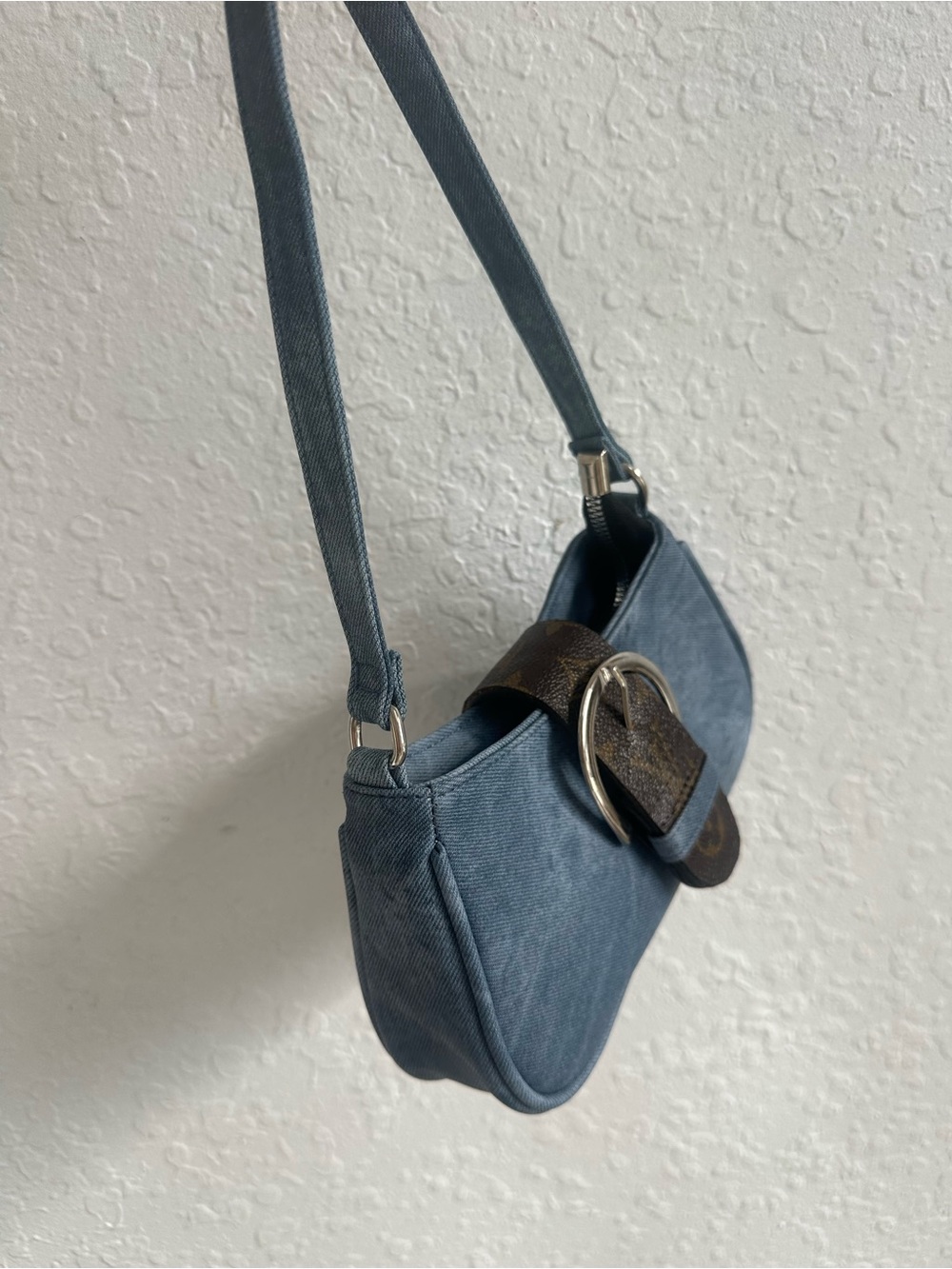 Blue Shoulder Bag with Brown Buckle Strap